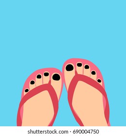 female modern feet with a pedicure & black Nail polish in a flip-flops in the summer Vector illustration. girl or women legs in a slippers isolated flat design style cartoon