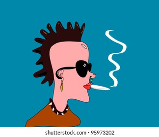 female with mohawk and nose piercing smoking medical marijuana cigarette