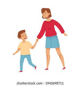 Female Mom Walking with Her Little Son Standing Vector Illustration