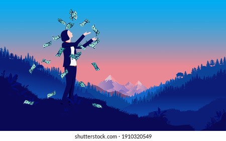 Female money freedom - Woman celebrating financial freedom in beautiful landscape. Earning money and success concept, vector illustration.