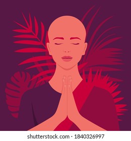 A female monk. Hand gestures greeting or prayers. Buddhism and Krishnaism. Eastern religions. Vector flat illustration