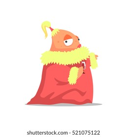 Female Monster In Red Mantle With A Ponytail Partying Hard As A Guest At Glamorous Posh Party Vector Illustration