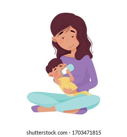 Female Mother Sitting and Bottle Feeding Her Baby Vector Illustration