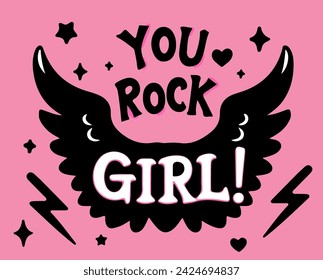 Female motivational slogan "You rock, girl", inspirational hand drawn letterings. Women empowerment vector illustrations. 