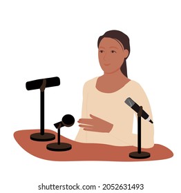 Female Motivational Speaker On Stage. Woman Presenter Standing At Podium With Giving A Speech. Successful Female Business Professional Addressing A Seminar. Make A Statement To The Press.