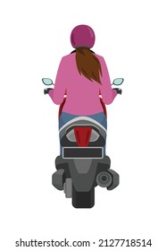 Female Motorcycle Rider. Back View. Simple Flat Illustration.