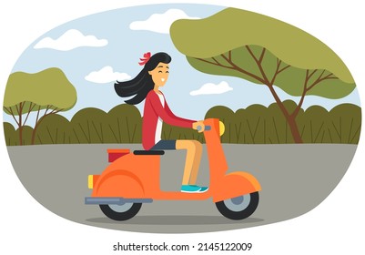 Female motorcyclist riding on scooter motorbike. Young woman using motorcycle transport for travel and trip, to move around city street. Summer landscape, rider happy girl riding on bike in park