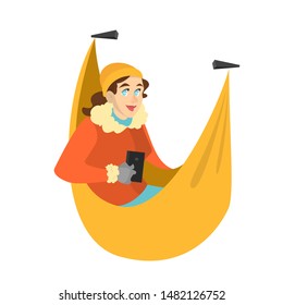 Female mountain climber resting in the hammock. Young hiker, extreme trip. Hiker tourist on nature. Vector illustration in cartoon style
