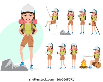 Female mountain climber vector character set. Woman hiker character in different summer hiking activities and standing poses like rope climbing, telescoping, walking and cooking isolated in white.