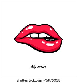 Female mouth biting her lips teeth . Vector comic illustration in pop art retro style isolated on white background.