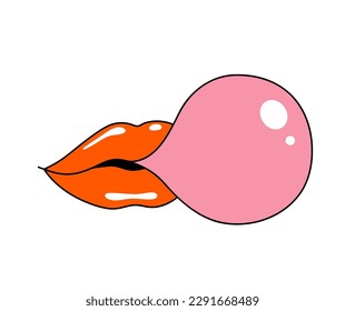 Female mouth blowing a bubble of pink chewing gum. Woman red lips chews bubble gum. Retro style. 70s, 80s, 90s vibe. Flat vector illustration isolated on white background.