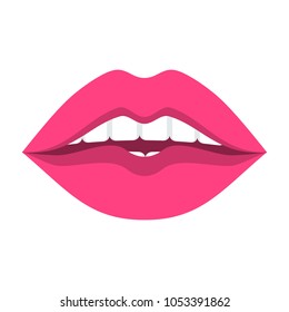 Female mouth with brightly colored lips and white even beautiful teeth. Care of the oral cavity. Beauty and hygiene. Flat vector cartoon illustration. Objects isolated on white background.