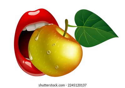 A female mouth close up with bright red lips bites with her teeth a ripe apple with a leaf isolated om white. Vector illustration