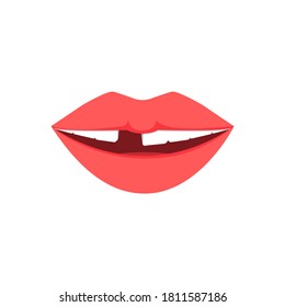 The female mouth is open, one tooth is missing. Concept: dentistry, dentist, implant, tooth loss or disease. Vector flat cartoon illustration isolated on white background, eps 10.