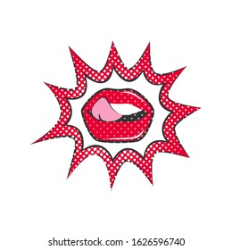 female mouth with a protruding tongue in pop art style