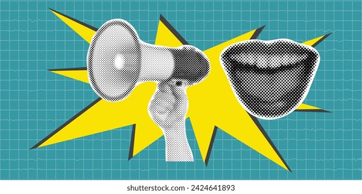 Female mouth shouting with megaphone announcing crazy promotions. Modern minimal style for poster, banner.Vector illustration