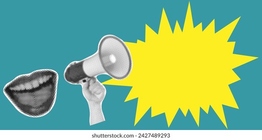 Female mouth shouting with megaphone announcing crazy promotions. Modern minimal style for poster, banner.Vector illustration