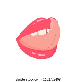 Female mouth with sticking out tongue. Fashion graphic. Vector hand drawn illustration.