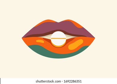 Female mouth taking medicine pill on isolated white background. Concept of influence and side effects of oral contraceptives, vitamins, drugs and others medicament for women. Vector