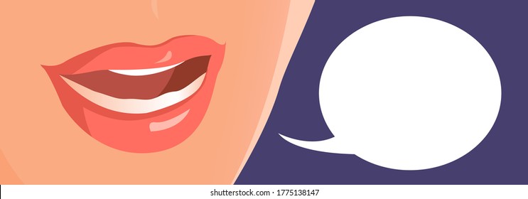 Female mouth is talking. Empty cloud for any text. Closeup banner illustration. Comic book style.
