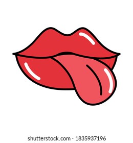 female mouth tongue out pop art comic style, flat icon vector illustration