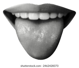 female mouth with tongue sticking out isolated on white background teeth lips retro halftone grunge dotted texture cutout vintage collage element for mixed media design y2k object