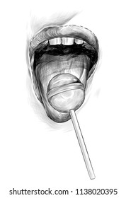female mouth wide open with tongue sticking forward on tongue lies round Lollipop, sketch vector graphics monochrome illustration on white background