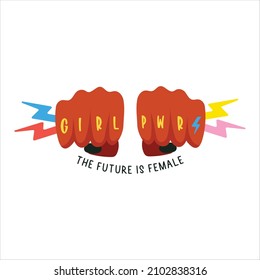 Female movement feminist. Women Rights. Girl Power quote with female fist and slogan "The future is female". Vector Illustration Isolated on white background