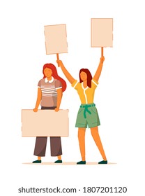 Female movement. Two woman empowerment, feminist demonstration. Vector protesting for feminine political rights. Crowd of striking girl with empty placard illustration isolated on white background