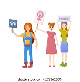 Female movements. Two woman empowerment, feminist demonstration, for women political rights. Crowd of protesting women with placards with inscriptions No and Protest. Vector illustration