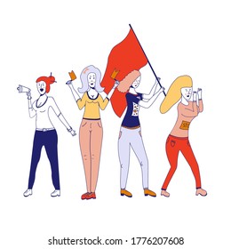Female movements. Two woman empowerment, feminist demonstration, for women political rights. Crowd of protesting women with placards with inscriptions . Vector illustration.