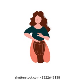 Female Mucisian Sitting on Her Knees and Playing Ethnic Drum Vector Illustration