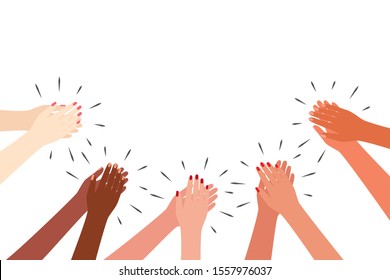 Female multicultural hands applaud. Women clap. Greetings, thanks, support. Vector illustration on white background