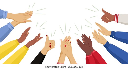 Female multicultural hands applaud. Women clap. Greetings, thanks, support. Human hands clapping ovation. Flat design, business concept, vector illustration