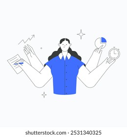 Professionelle Multitasking-Frauen, die Dokumente, Uhren und Tortendiagramme in der Hand halten. Flache Vektorgrafik über Produktivität, Zeitmanagement, organisatorische Fähigkeiten. Einzeln auf weißem Hintergrund