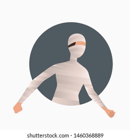 Female mummy wrapped in bandages on gray round background. Halloween, cartoon characters, costume. Vector illustration for poster, leaflet, brochure