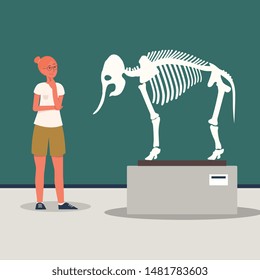 A female museum visitor stands in front of a tyrannosaurus dinosaur skeleton in the exposition room of the museum of archeology, flat cartoon vector illustration.