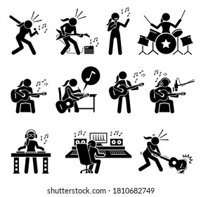 Female Music Artist Singing Song And Playing Musical Instruments Stick Figure Icons. Vector Illustrations Of Woman Playing Guitar, Drum, And Writing Songs. The Girl Is A Deejay And Music Producer.
