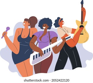 Female music band, singer and pianist, guitarist band of popular women. Pop genre, singing and playing instrument. Rehearsal or live concert on stage. Smiling girls on party. Vector in flat style