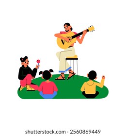 Female Music Teacher Playing Guitar With Children In Flat Vector Illustration Symbolizing Music Education, Creativity, And Fun, Isolated On White Background