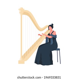 Female musician in dress playing harp, sitting on chair. Harpist performing classic melody on music string instrument. Performance talented instrumentalist. Flat vector illustration isolated on white