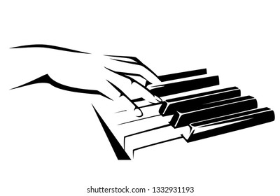 female musician hand playing the piano keyboard - classical music concept black and white vector design