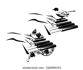 female musician hand playing the piano keyboard with rose flowers, butterfly and bird - classical music and nature harmony concept black and white vector design