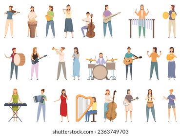 Female musician icons set cartoon vector. Woman music. Piano stage