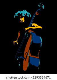 Female musician playing cello. Line art, vector illustration on black background.