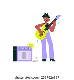 Música tocando guitarra elétrica, ao lado de um amplificador. A ilustração simboliza performance de música ao vivo, criatividade e paixão pela música, isolada em um fundo branco