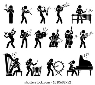 Female musician playing music with musical instruments and percussion stick figures icons. Vector illustrations of woman playing trumpet, oboe, saxophone, xylophone, violin, cello, harp, and piano.