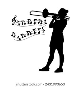 Female musician playing trombone with musical notes symbol vector silhouette.	