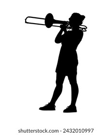 Female musician playing trombone vector silhouette.	