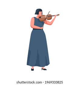 Female musician playing violin with bow. Violinist performing classic music on fiddle with fiddlestick. Woman in dress standing with string instrument. Flat vector illustration isolated on white